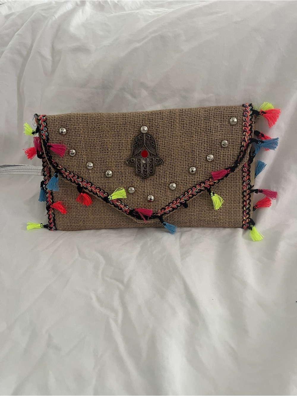 Boho Tassel Jute Clutch - Natural with Neon Accents